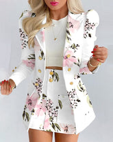 Floral Print Puff Sleeve Double Breasted Blazer Coat & Skirt SET Fashion Boss 21